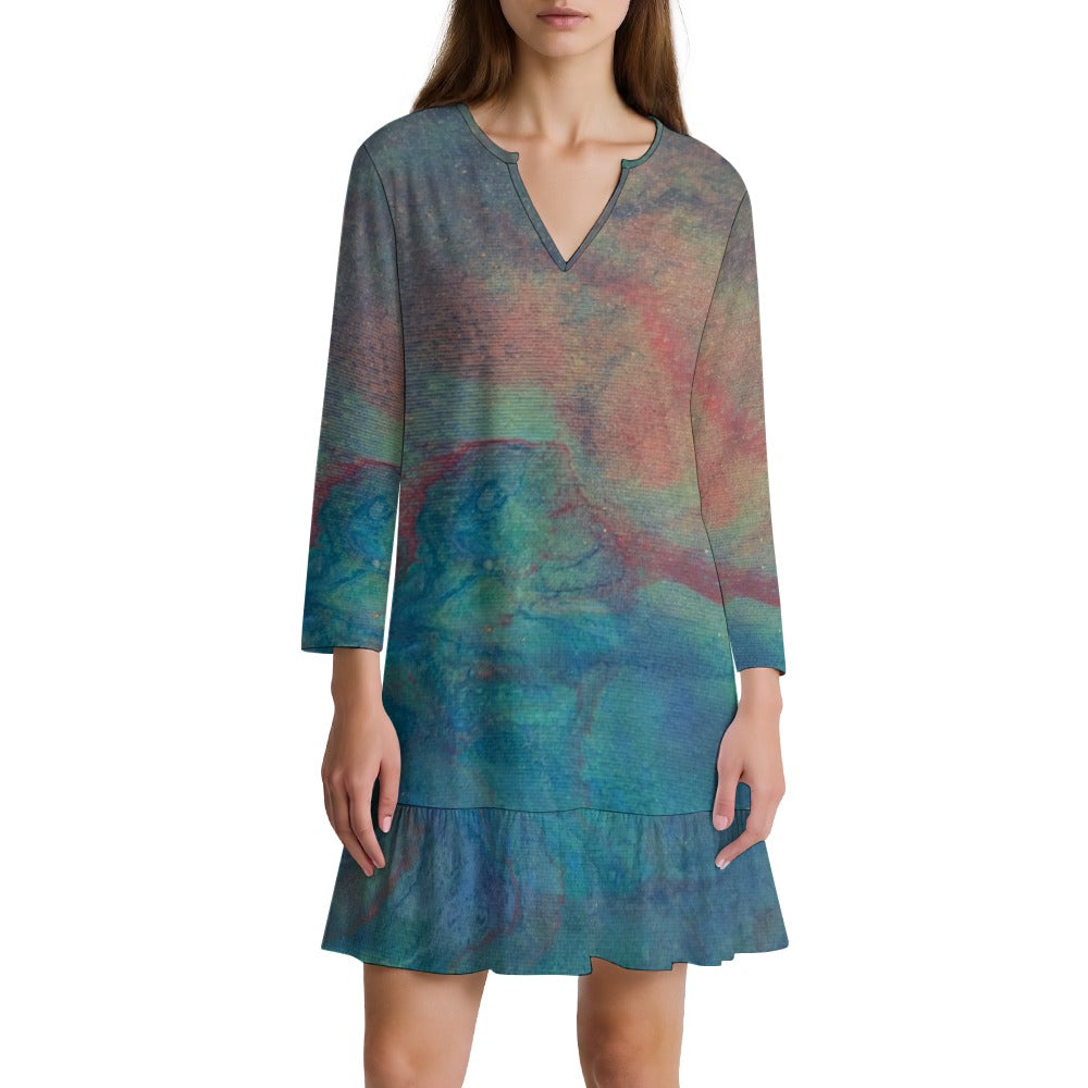 Long-sleeved V-neck Ruffle Dress Intermission Blues Series