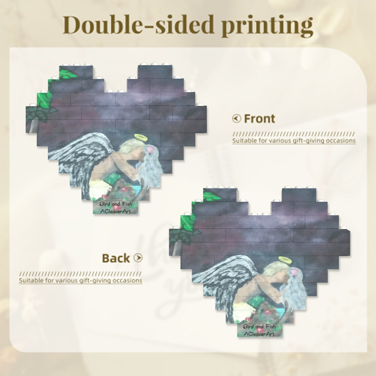 Heart Building Block Puzzle Bird and Fish