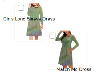Product listing with a girl's long sleeve dress and a matching 'Match Me Dress' on a white background.